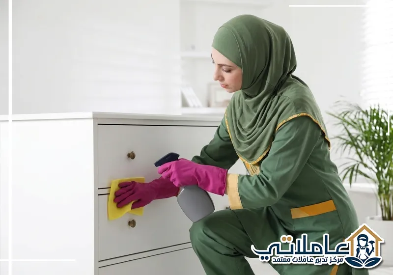 عاملة تنظيف تمسح أدراج خزانة بيضاء ضمن خدمات تدبير عجمان الجرف