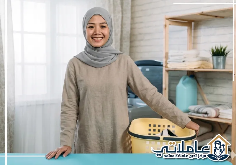 عاملة منزلية من عاملاتي داخل غرفة غسيل منظمة تعكس جودة خدمات تدبير دبي وراحتك.