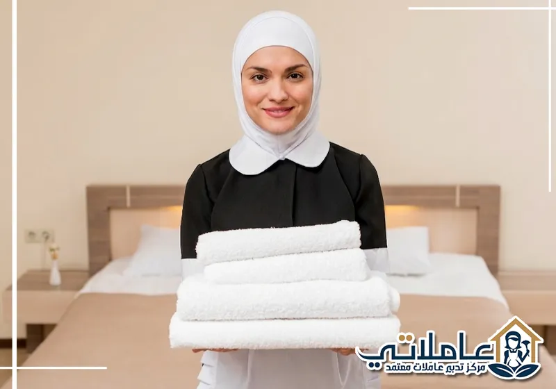 عاملة منزلية تحمل مناشف نظيفة داخل غرفة نوم مرتبة، لاهتمام بنظافة وراحة المنزل.