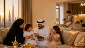 عائلة تستمتع بوقتها في منزل مرتب بينما تقوم خادمة محترفة بالمهام الخلفية في دبي