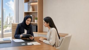 استشاري استقدام يوضح بنود عقد رقمي موثق لعميلة في مكتب عجمان 2026