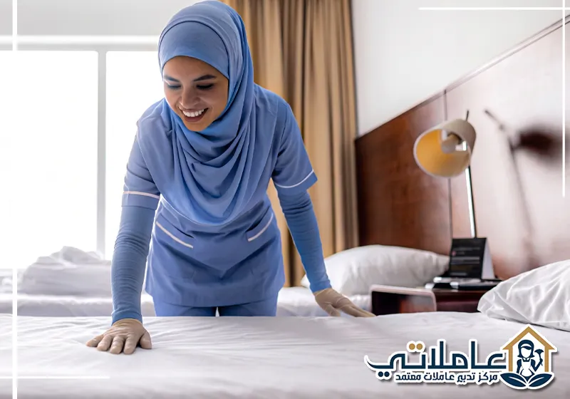 عاملة منزلية ترتب السرير وتحافظ على نظافة غرفة النوم.