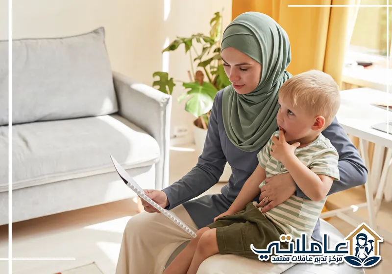 مربية أطفال تقرأ قصة لطفل وتعتني به داخل المنزل.