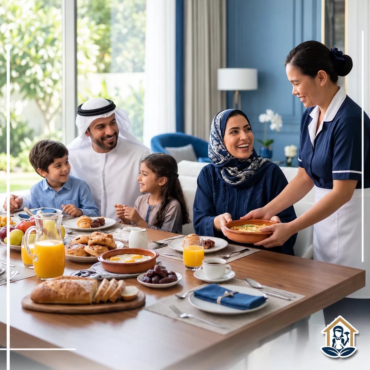 خادمة منزلية تساعد الأسرة أثناء تقديم الطعام وترتيب المائدة.